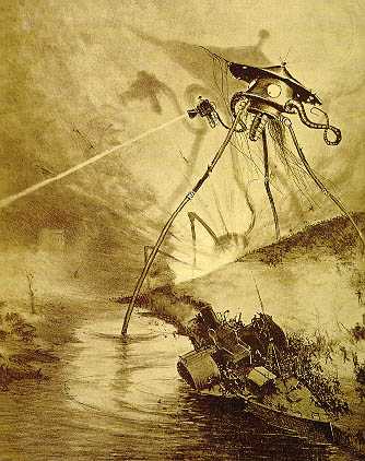 An illustration of a martian tripod machine, taken from H. G. Wells' War of the Worlds
